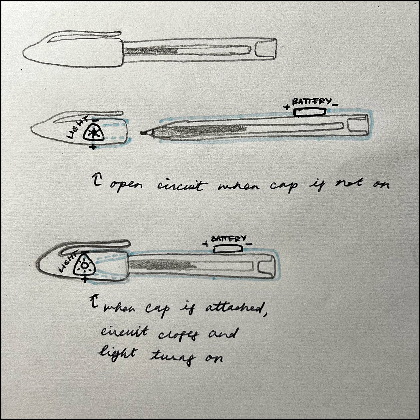 Drafting an idea where a pen with its cap put on will close a circuit and turn a light on.