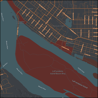 In my second iteration of the map I tweaked colours that would enhance visibility and contrast to make the different elements distinguishable from a zoomed out view. I used a darker red for the greenspace, used a deeper teal for the water, and used a lighter hue for the label.