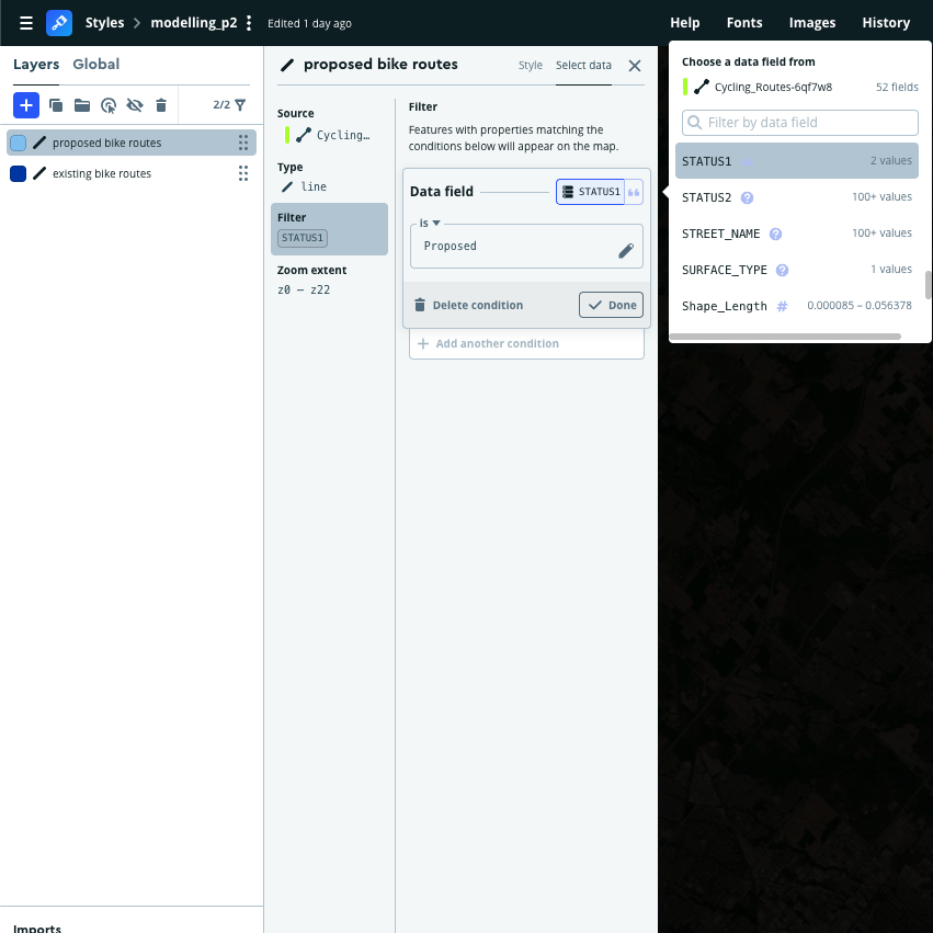 Selection of information to display the proposed bike lanes