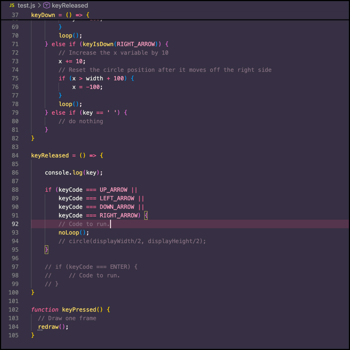 Experimented with original code pulled from https://p5js.org/examples/animation-and-variables-animation-with-events/. Played around with animation being controlled by arrow presses rather than mouse press. 3/3